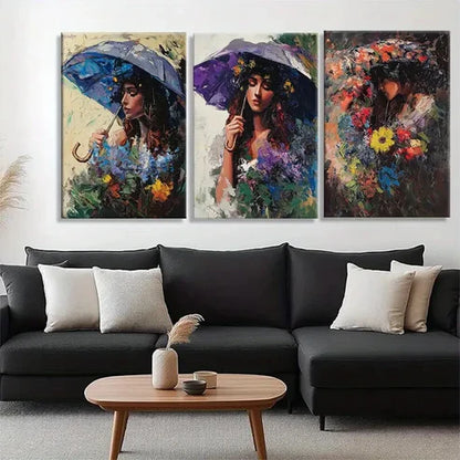 3pcs Women Umbrella & Flower Portraits Perfect Wall Art Canvas Unframed - High Quality Print 100% Australian Made Wall Canvas
