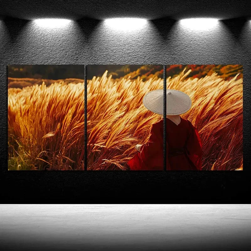 3pcs Golden Field Person Sitting On The Grass Metal Print Ready to Hang Art - Bella Home Decor