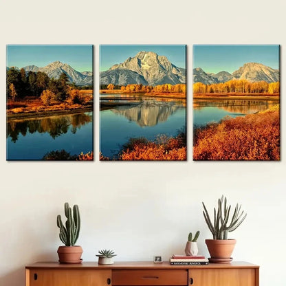3pcs Mountain Lake Land Autumn Nature Perfect Wall Art Set Canvas Framed 40x60cm - High Quality Print 100% Australian Made Wall Canvas Ready to Hang - Bella Home Decor