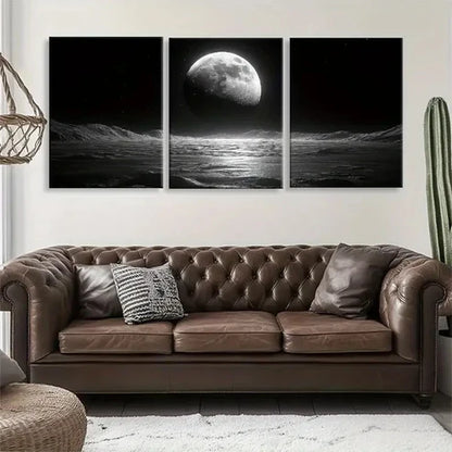 3pcs Black and White Moonlit Ocean Calm Wall Art Canvas Unframed - High Quality Print 100% Australian Made Wall Canvas - Bella Home Decor