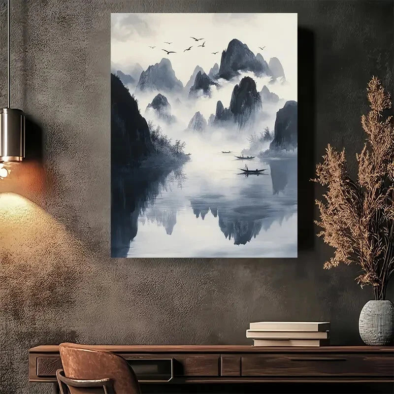 Beautiful Serene Mountain Lake Reflections Painting 40x60cm Metal Print Ready to Hang - Bella Home Decor
