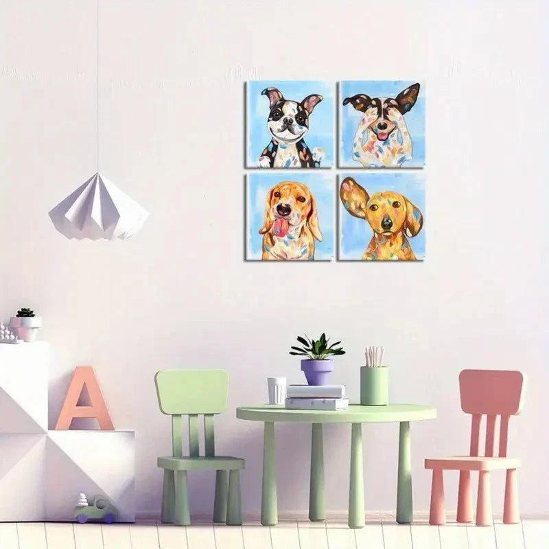 4pcs Puppy Artwork Dog Painting Funny Animal Wall Art Canvas Framed
