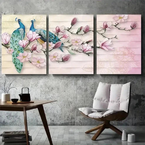 3pcs Elegant Peacock & Magnolia Floral Wall Art Canvas Unframed - High Quality Print 100% Australian Made Wall Canvas