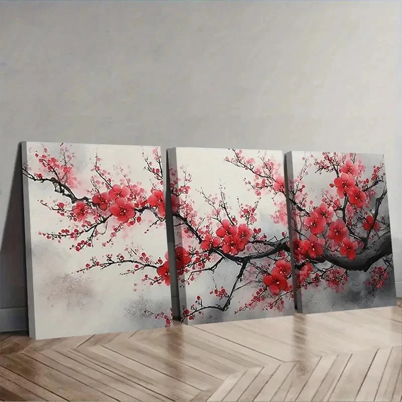3pcs Cherry Blossoms Ink Painting Wall Art Set Canvas Framed 50x70cm - High Quality Print 100% Australian Made Wall Canvas Ready to Hang - Bella Home Decor