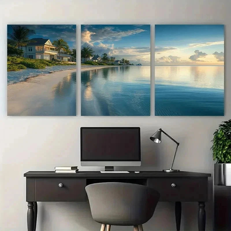 3pcs Serene Coastal Villas Canvas Lux Perfect Wall Art Set Canvas Framed 50x70cm - High Quality Print 100% Australian Made Wall Canvas Ready to Hang