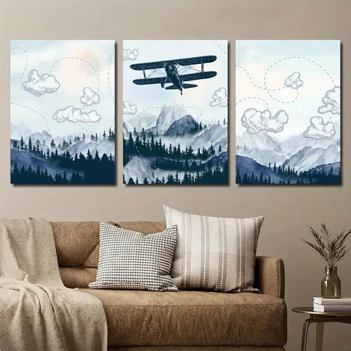 3pcs Airplane Flying Over Mountain and Forest Wall Art Set Canvas Unframed - High Quality Print 100% Australian Made Wall Canvas - Bella Home Decor