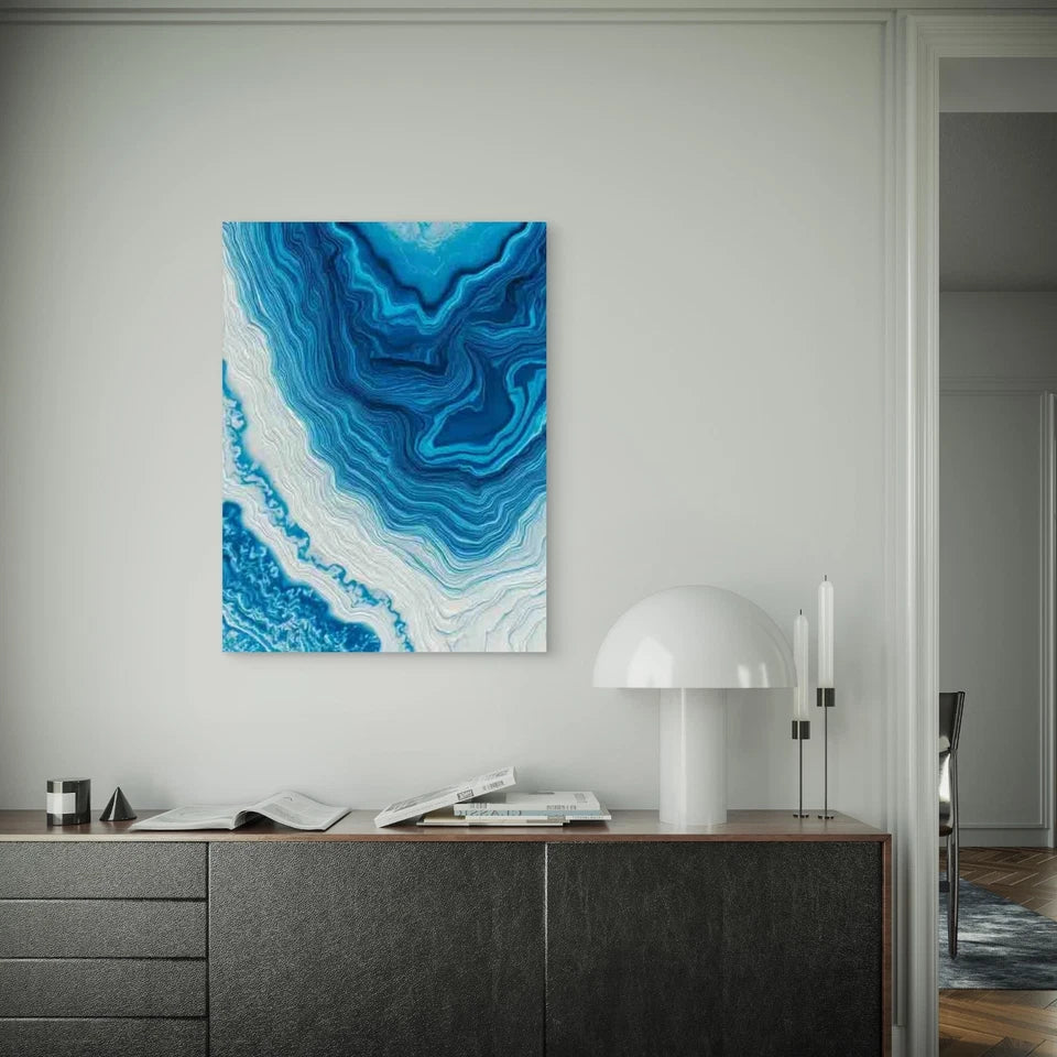 Wavy Blue And White Abstract Design 60x90cm Metal Print Ready to Hang