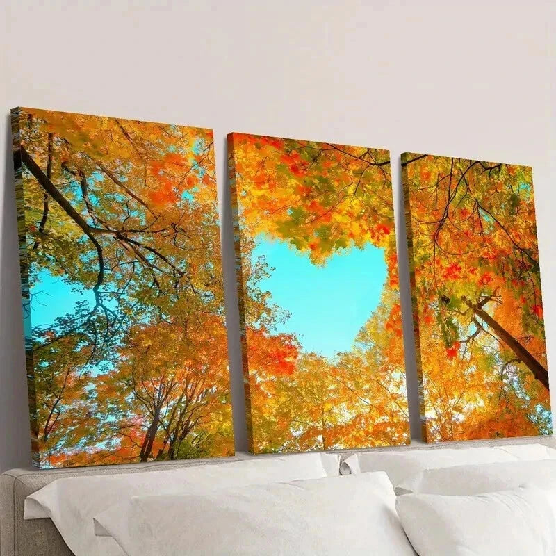 3pcs Heart Shaped Autumn Forest Trees Wall Art Set Canvas Framed 50x70cm - High Quality Print 100% Australian Made Wall Canvas Ready to Hang