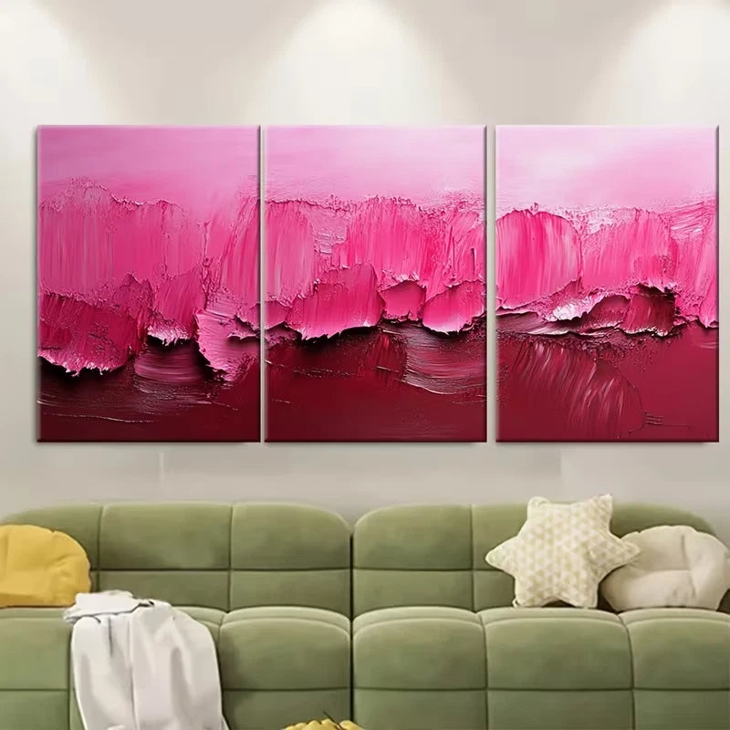 3pcs Vibrant Pink Abstract Brush Stroke Metal Print Ready to Hang Art
