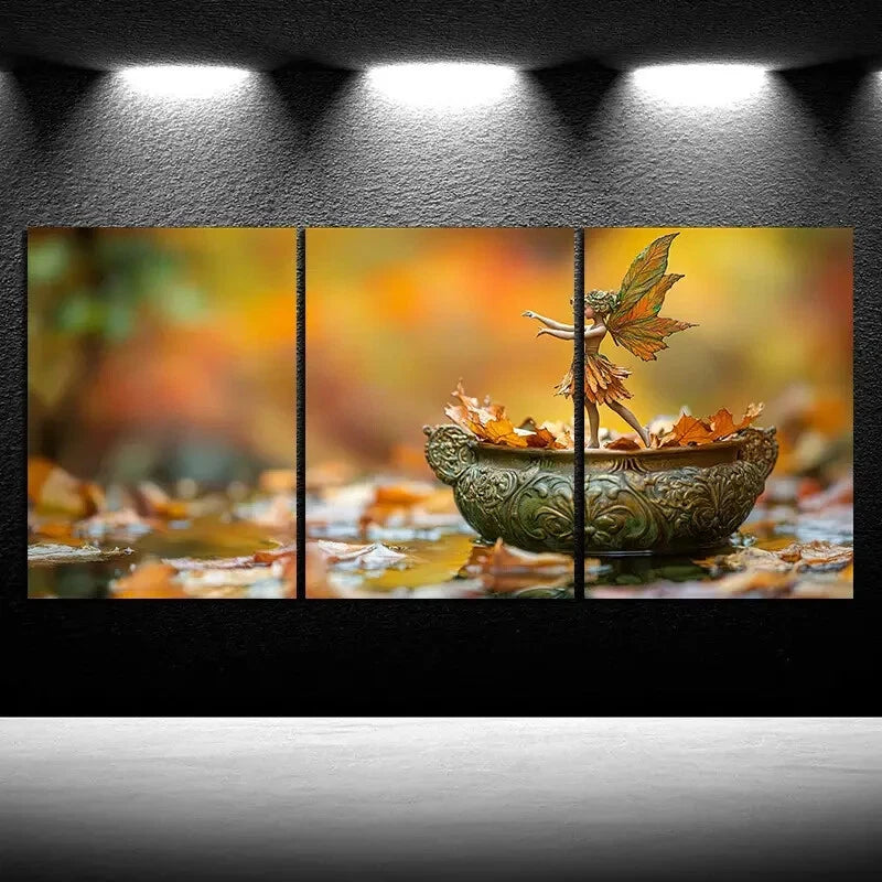 3pcs The Leaf Girl Dancing Golden Themed Metal Print Ready to Hang Art - Bella Home Decor