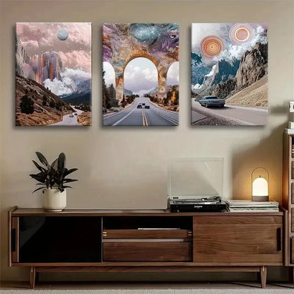 3pcs Panel Surreal Cosmic Road Trip Perfect Wall Art Set Canvas Framed 50x70cm - High Quality Print 100% Australian Made Wall Canvas Ready to Hang