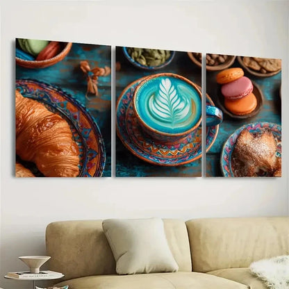 3pcs Croissants and Coffee Boho Kitchen Wall Art Set Canvas Framed 50x70cm - High Quality Print 100% Australian Made Wall Canvas Ready to Hang - Bella Home Decor