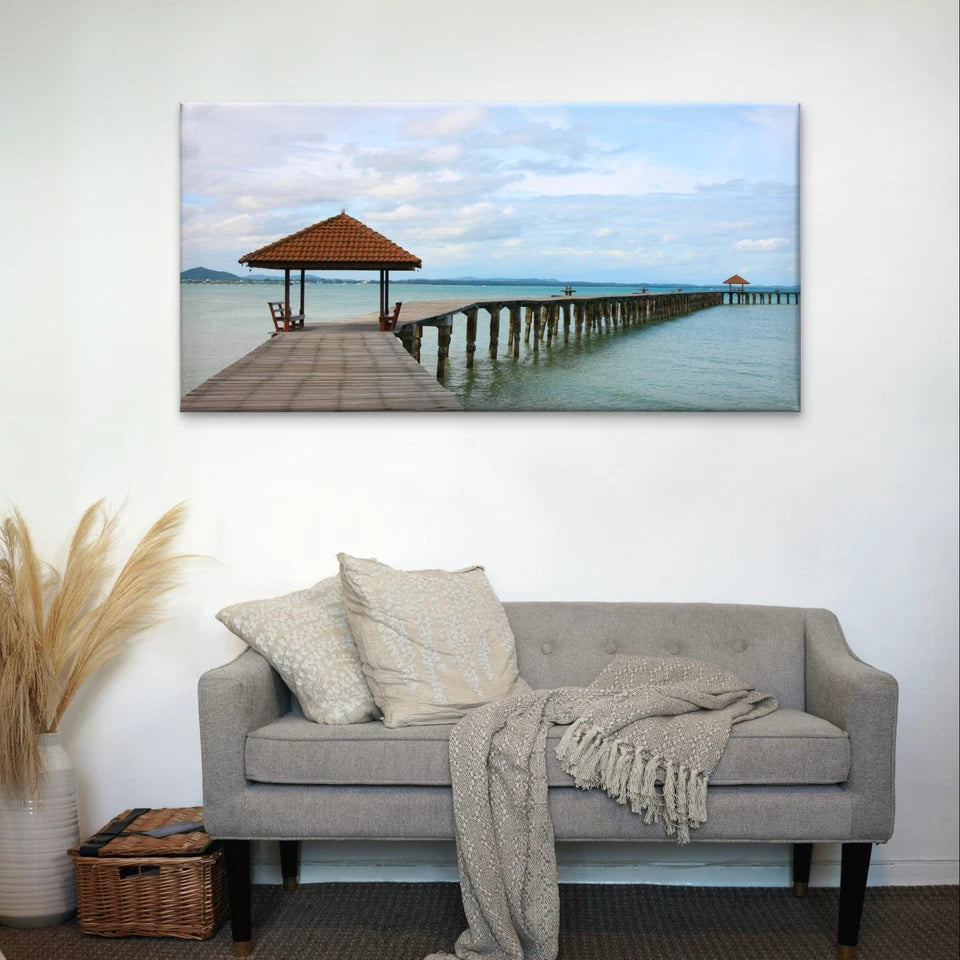 Wooden Pier and Beach Landscape Wall Art Canvas Office Home Framed 120x60cm