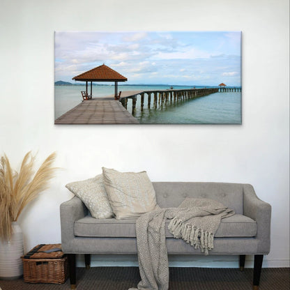 Wooden Pier and Beach Landscape Wall Art Canvas Office Home Framed 120x60cm