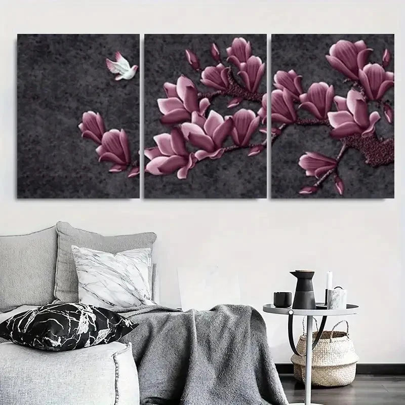 3pcs Purple Magnolia Blossom Botanical Floral Wall Art Set Canvas Framed 40x60cm - High Quality Print 100% Australian Made Wall Canvas Ready to Hang