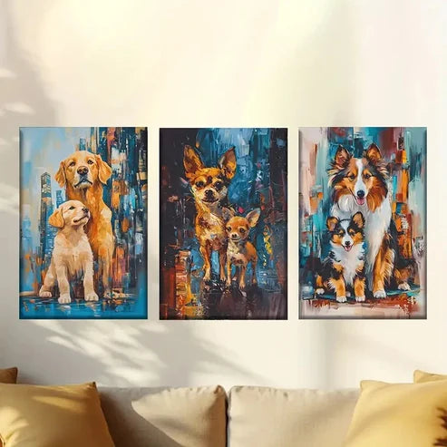 3pcs Dog Family, Dark Abstract Background Wall Art Canvas Unframed - High Quality Print 100% Australian Made Wall Canvas