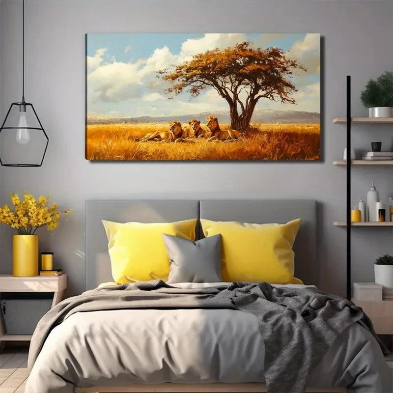 Lions In The Grassland Unique Wall Art Canvas Office Home Room Framed 120x60cm
