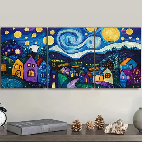 3pcs Starry Night Village Dark Moonlight Perfect Wall Art Set Canvas Unframed - High Quality Print 100% Australian Made Wall Canvas