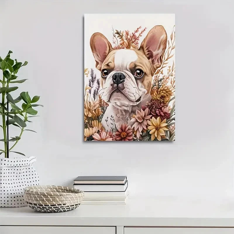Flowers And Plants Cute Bulldog Dog Painting 40x60cm Metal Print Ready to Hang