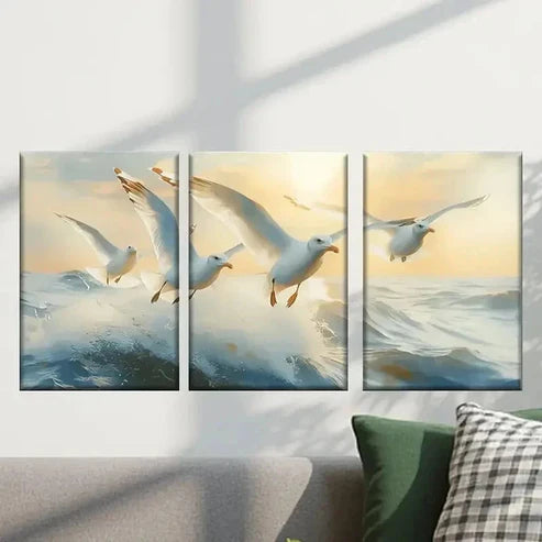 3pcs Seagulls Flying in the Sky at Sunrise Wall Art Canvas Unframed - High Quality Print 100% Australian Made Wall Canvas
