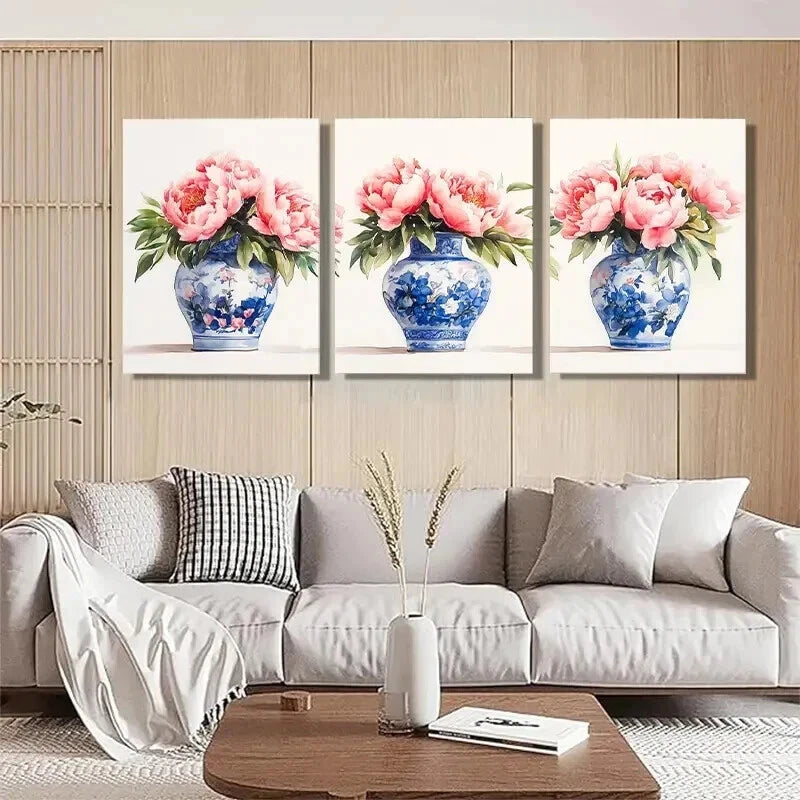 3pcs Blue and White Porcelain Vase Perfect Wall Art Set Canvas Framed 60x90cm - High Quality Print 100% Australian Made Wall Canvas Ready to Hang - Bella Home Decor