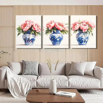 3pcs Blue and White Porcelain Vase Perfect Wall Art Set Canvas Framed 60x90cm - High Quality Print 100% Australian Made Wall Canvas Ready to Hang - Bella Home Decor