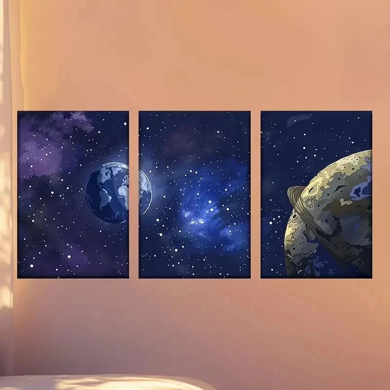 3pcs  Vibrant Space Scene with Earth and Celest Wall Art Set Canvas Framed 60x90cm - High Quality Print 100% Australian Made Wall Canvas Ready to Hang - Bella Home Decor