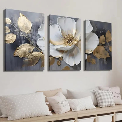 3pcs Elegant White & Golden Flowers Perfect Wall Art Set Canvas Framed 40x60cm - High Quality Print 100% Australian Made Wall Canvas Ready to Hang. - Bella Home Decor