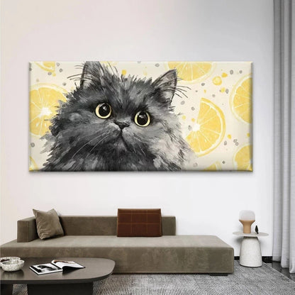 Black Cat with Lemon Pattern Wall Art Canvas Office Home Room Framed 120x60cm