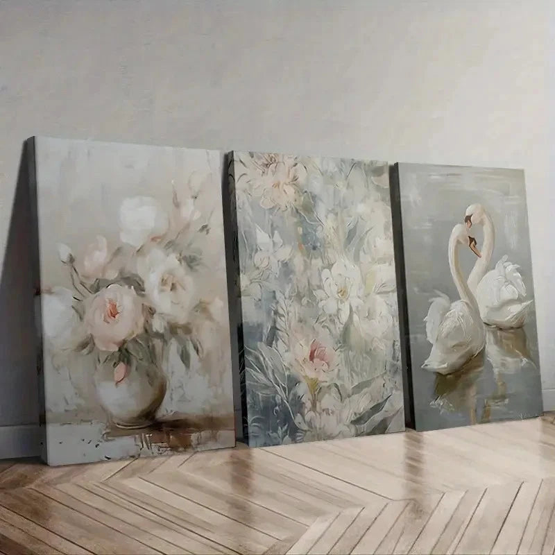 3pcs Romantic Swan and Floral Wall Art Set Canvas Framed 50x70cm - High Quality Print 100% Australian Made Wall Canvas Ready to Hang