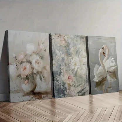 3pcs Romantic Swan and Floral Wall Art Set Canvas Framed 50x70cm - High Quality Print 100% Australian Made Wall Canvas Ready to Hang