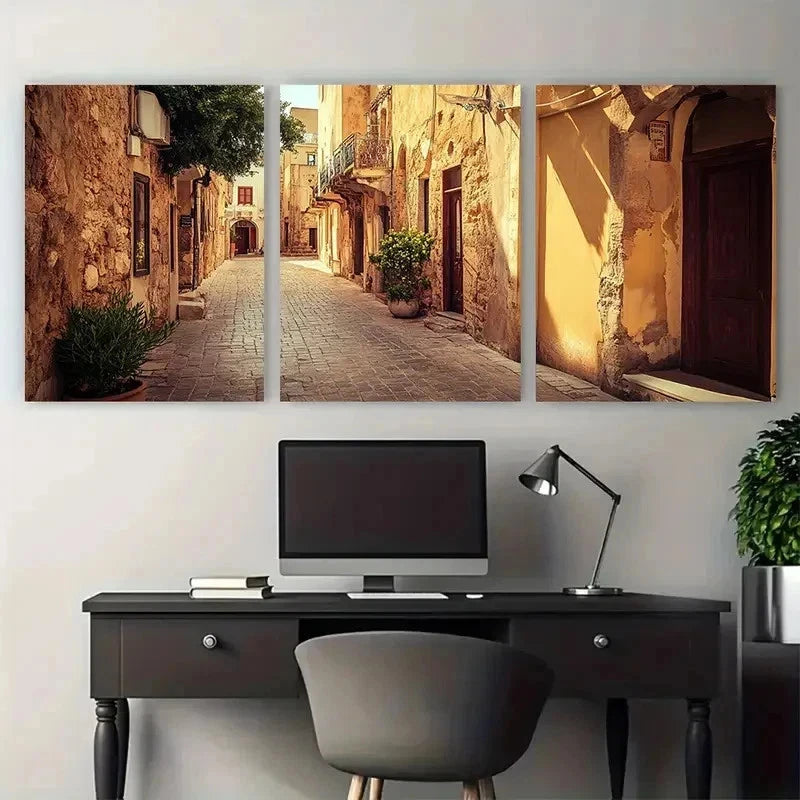 3pcs Chania Vintage Travel Prints Old To Perfect Wall Art Set Canvas Framed 50x70cm - High Quality Print 100% Australian Made Wall Canvas Ready to Hang - Bella Home Decor