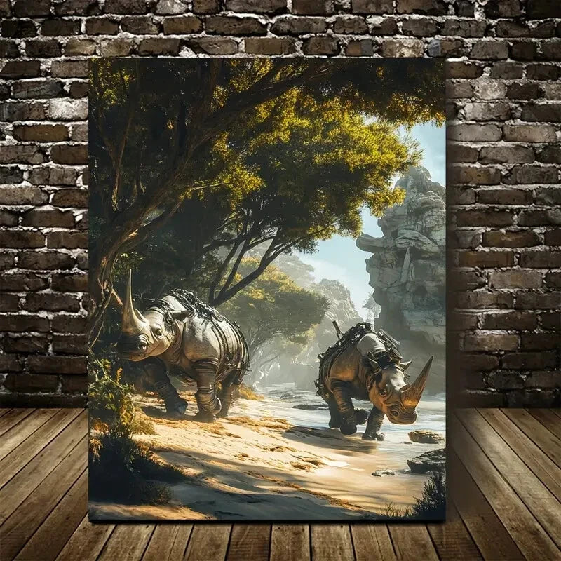 Steampunk Rhino Beach Scene Painting 40x60cm Metal Print Ready to Hang - Bella Home Decor