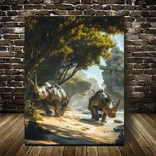 Steampunk Rhino Beach Scene Painting 40x60cm Metal Print Ready to Hang - Bella Home Decor