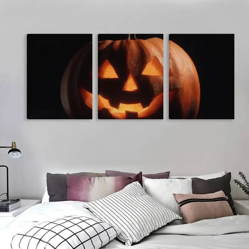 3pcs Spooky Halloween with Grin Carved Pumpkin   Wall Art Set  Canvas Framed 50x70cm - High Quality Print 100% Australian Made Wall Canvas Ready to Hang