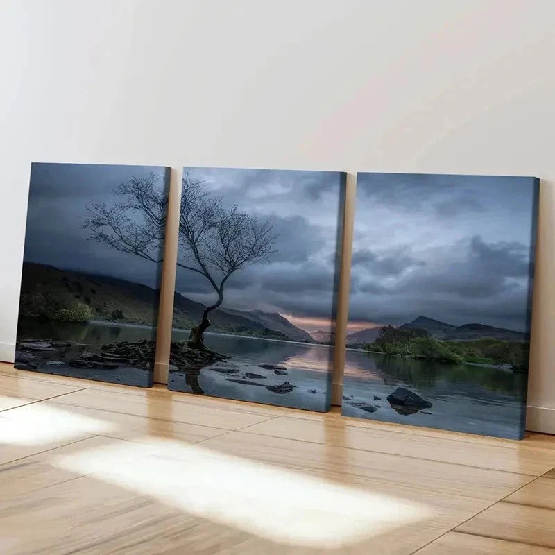 3pcs Dark Sky Mountains Lake & Trees Wall Art Set Canvas Framed 50x70cm - High Quality Print 100% Australian Made Wall Canvas Ready to Hang - Bella Home Decor