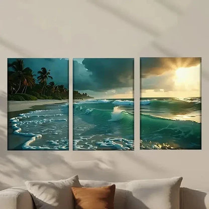 3pcs Vibrant Sunset Palm Trees & Waves Wall Art Canvas Unframed - High Quality Print 100% Australian Made Wall Canvas