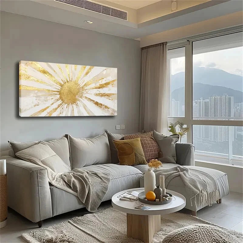 Golden Circular Center Stripes Wall Art Canvas Office Home Room Framed 120x60cm - Bella Home Decor