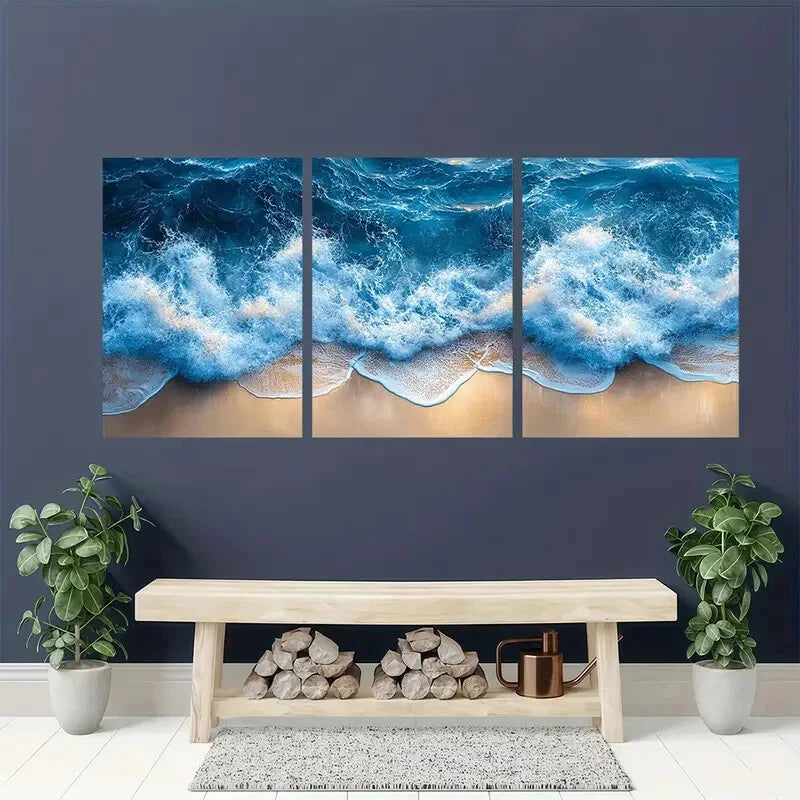 3pcs Soothing Beach Art Triptych Ocean Waves Metal Print Ready to Hang Art