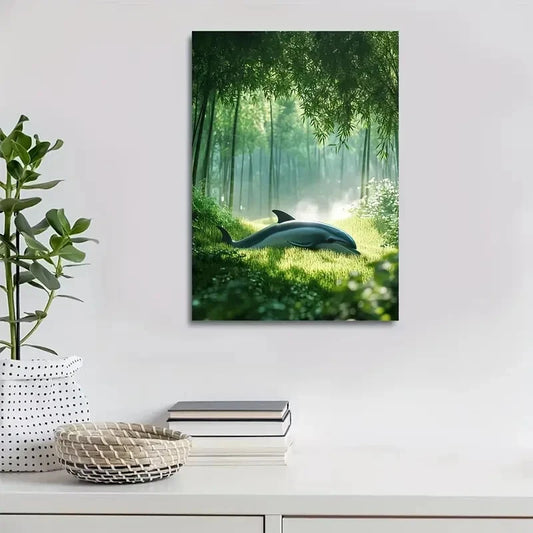 Dolphin in Bamboo Grove Scene with Morning Painting 40x60cm Metal Print Ready to Hang - Bella Home Decor