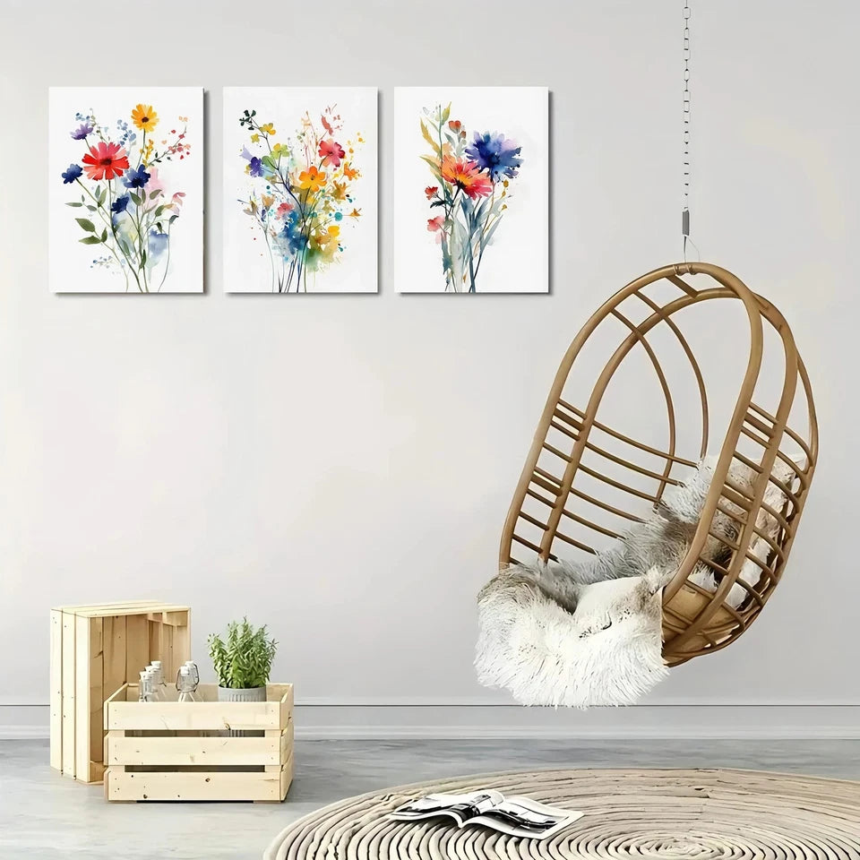 3pcs Colorful Watercolor Wildflower Bohemian Metal Print Ready to Hang Art - Bella Home Decor