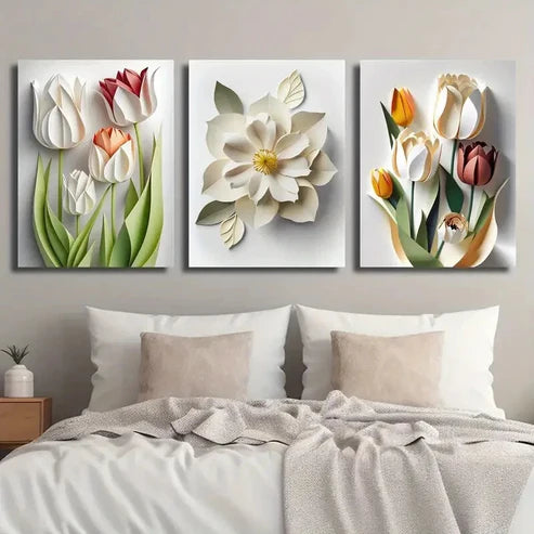 3pcs Vibrant Tulip Flower Decor Wall Art Set Canvas Unframed - High Quality Print 100% Australian Made Wall Canvas