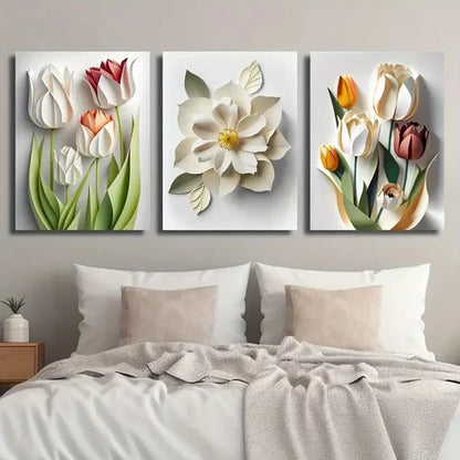 3pcs Vibrant Tulip Flower Decor Wall Art Set Canvas Unframed - High Quality Print 100% Australian Made Wall Canvas