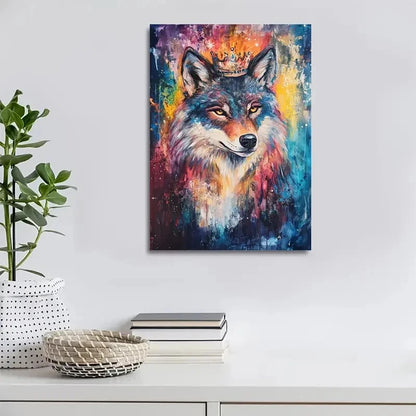 Vibrant Stardust Wolf with Crown Painting 40x60cm Metal Print Ready to Hang