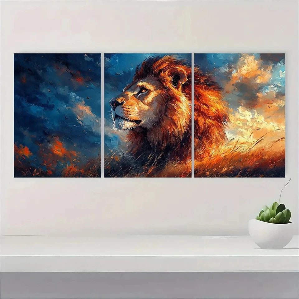 3pcs Lion Painting Golden Animal Themed Metal Print Ready to Hang Art - Bella Home Decor