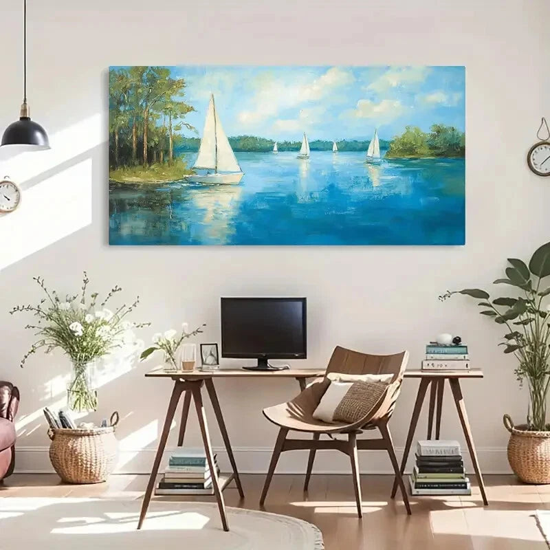 River Reflections Sailboats Wall Art Canvas Office Home Room Framed 120x60cm - Bella Home Decor