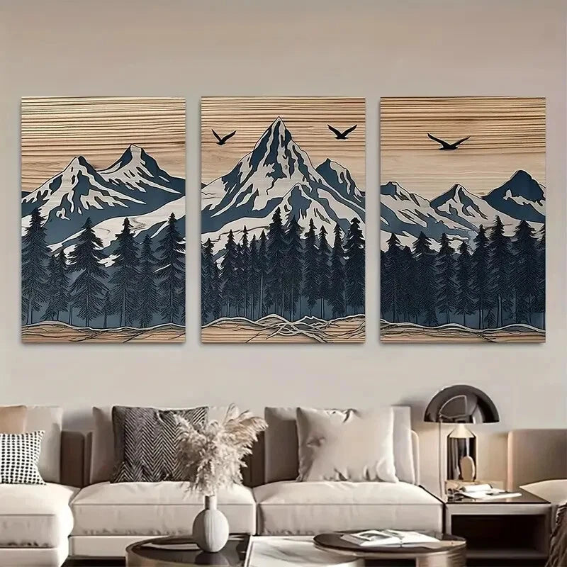 3pcs Panel Effect Mountain Modern Metal Print Ready to Hang Art - Bella Home Decor