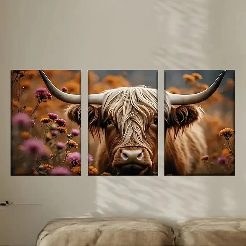 3pcs Long Haired Cow with Long Horns Standing Wall Art Set Canvas Framed 50x70cm - High Quality Print 100% Australian Made Wall Canvas Ready to Hang - Bella Home Decor