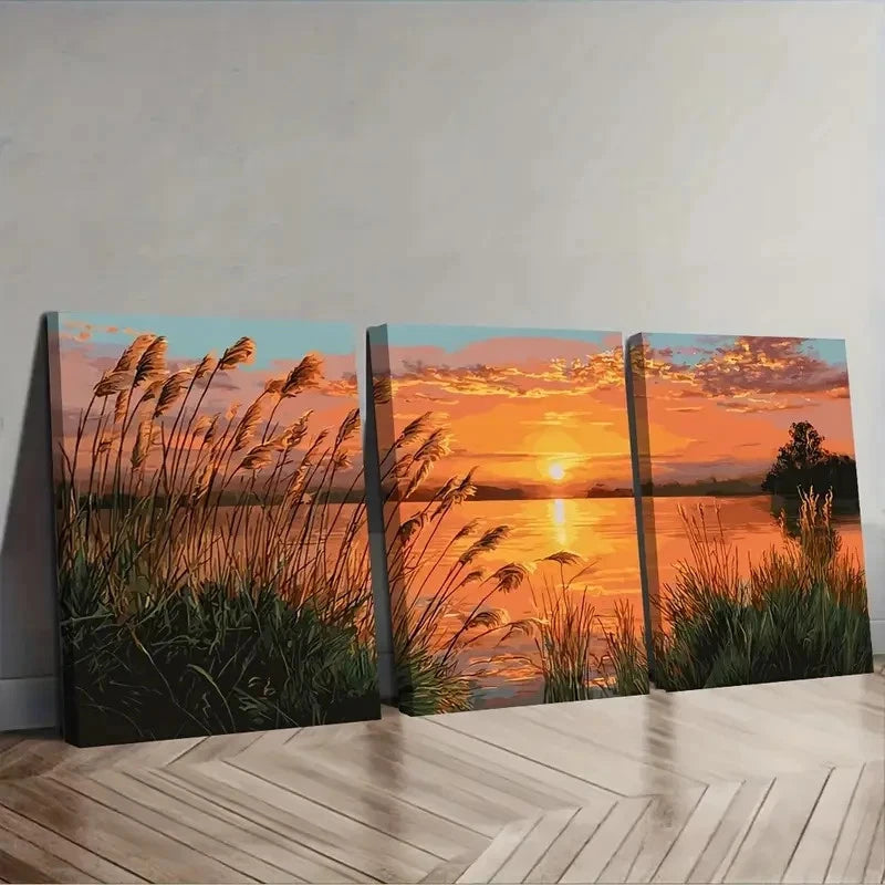 3pcs Serene Lake Glory Sunset Landscape Wall Art Set Canvas Framed 40x60cm - High Quality Print 100% Australian Made Wall Canvas Ready to Hang