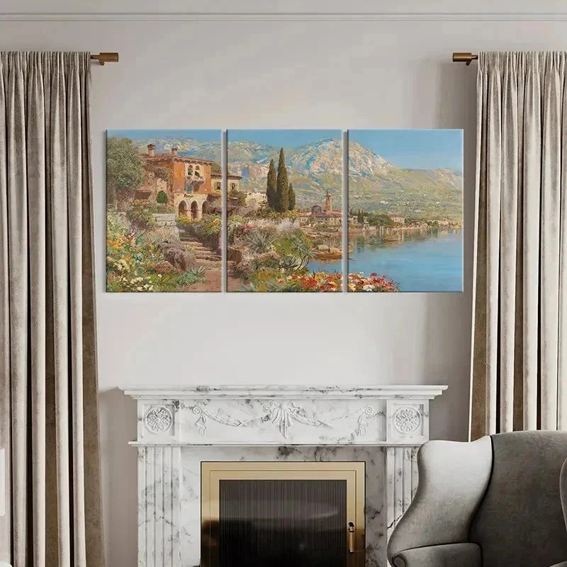 3pcs Lakeside Garden Landscape Vintage Wall Art Set Canvas Framed 60x90cm - High Quality Print 100% Australian Made Wall Canvas Ready to Hang - Bella Home Decor